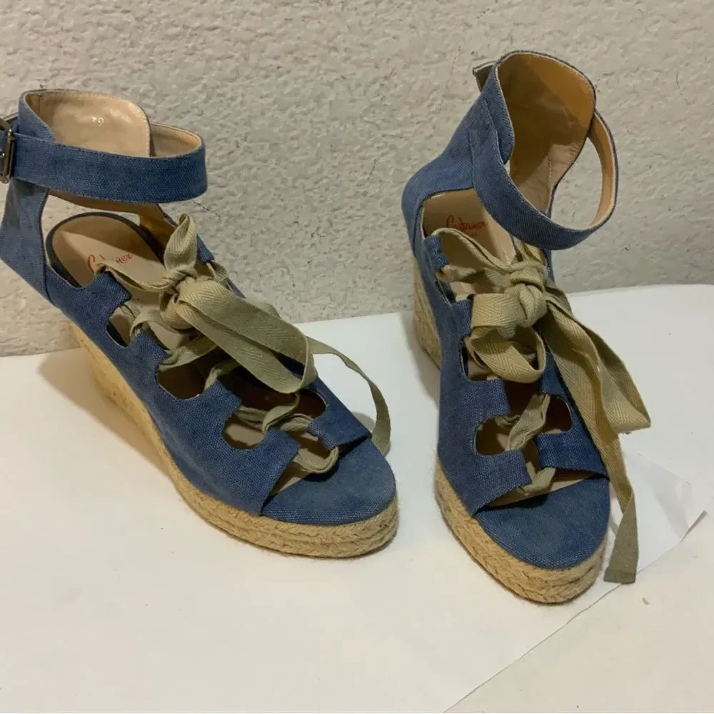 Castaner Leather lace up Denim look platform Wedge Espadrille Sandals 39